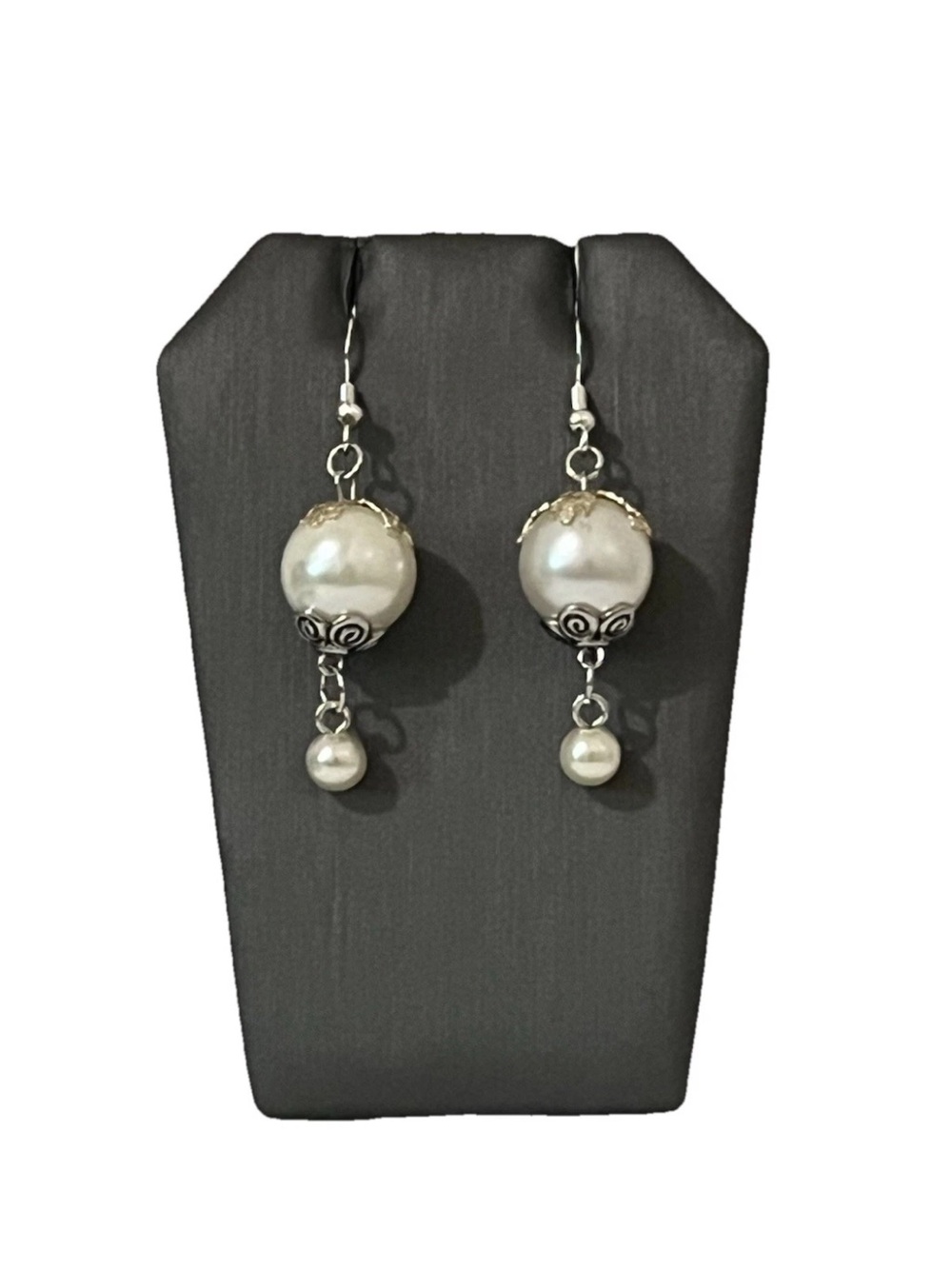 Vintage Style Faux Pearl Drop Dangle Earrings Silver Tone Ornate Scroll Filigree